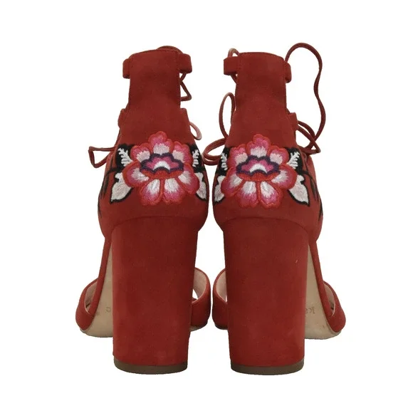 B0 NWOB KATE SPADE Red Suede Embroidered Accent Tie Block Heel Sandals Size 7 M - Picture 6 of 9